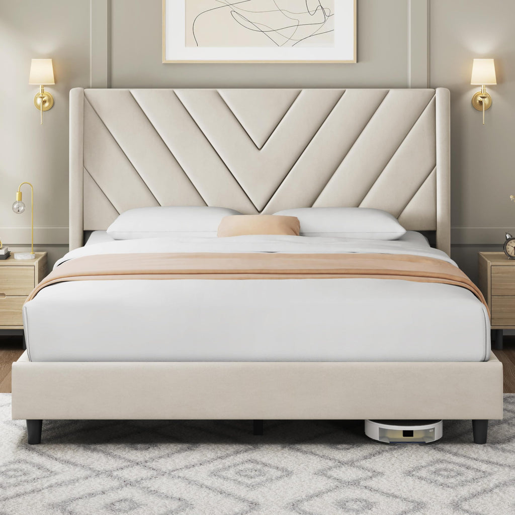 Queen Bed Frame with Tufted Headboard, Beige W8559