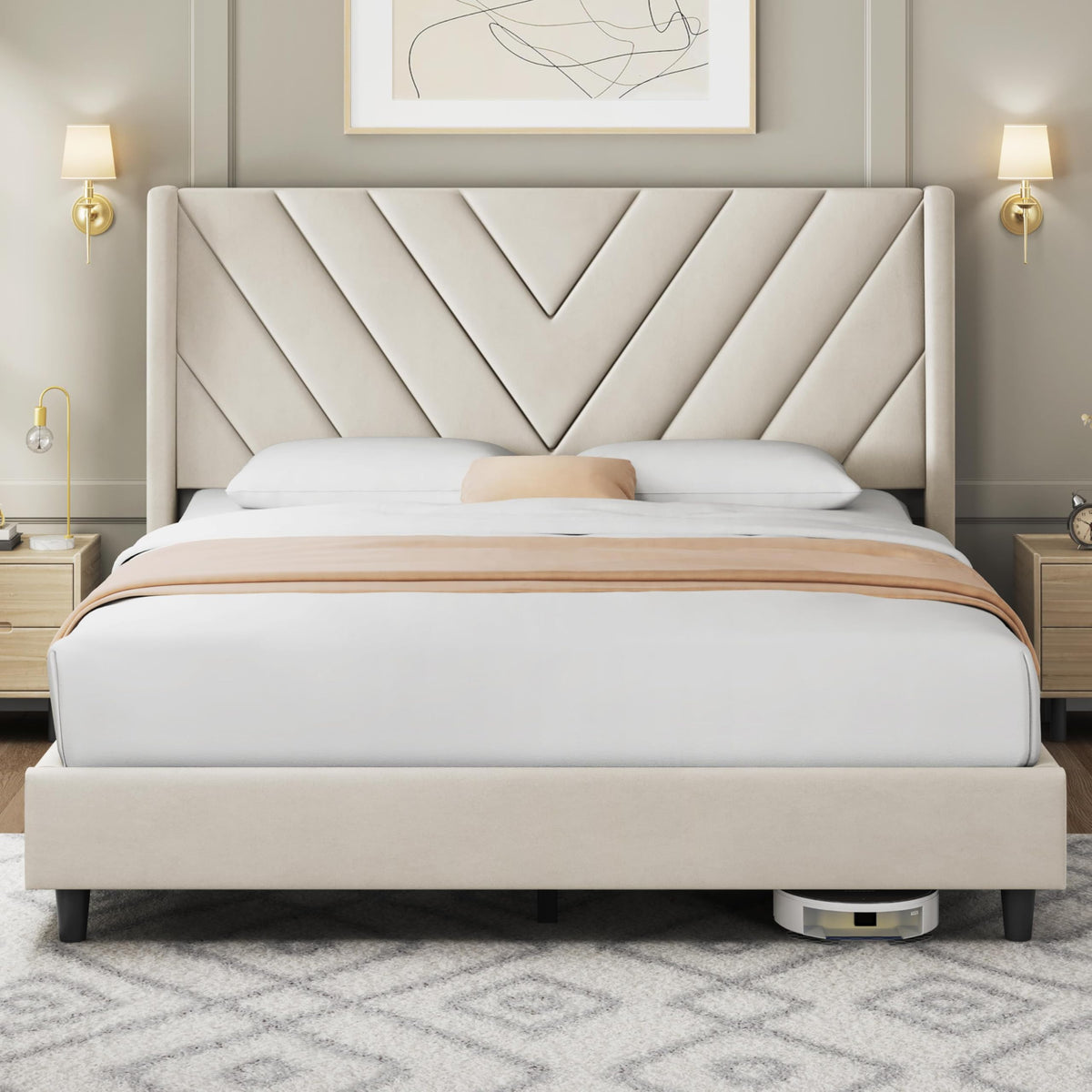 Queen Bed Frame with Tufted Headboard, Beige W8559