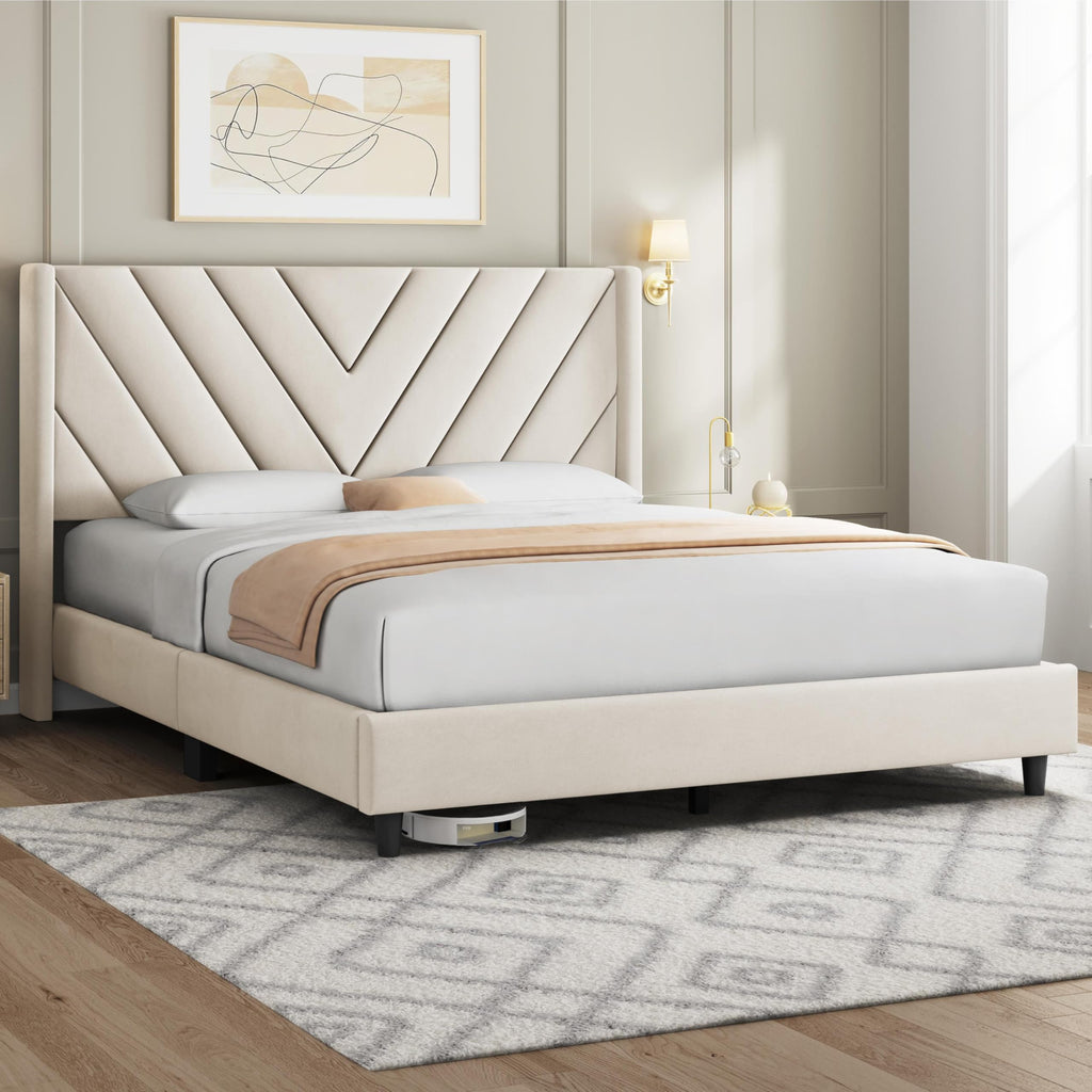 Queen Bed Frame with Tufted Headboard, Beige W8559