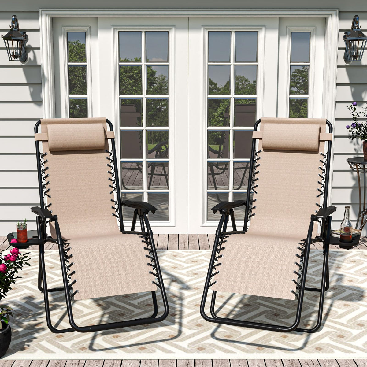 Set of 2 Adjustable Zero Gravity Lounge Chairs with Cup Holder Tray G665427