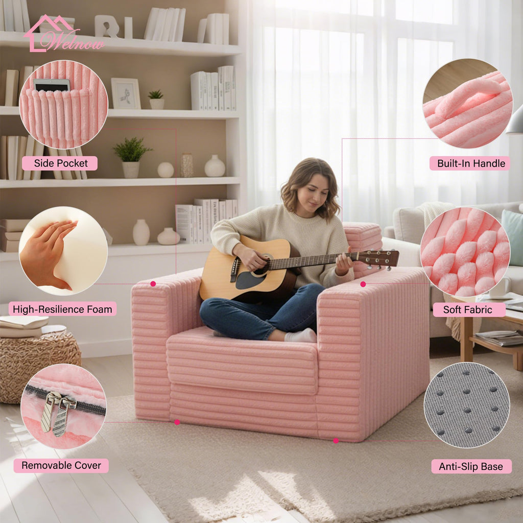 Pink Folding Sofa Bed with Ottoman S9104
