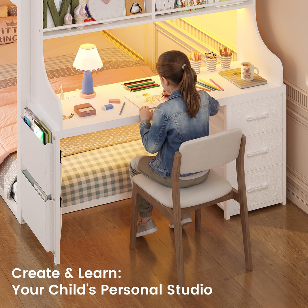 White Twin Over Twin Low Bunk Bed with Desk & 3 Storage Drawers D189011