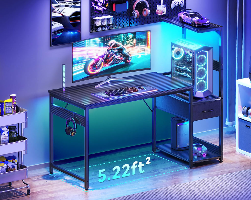 48'' Black Gaming Desk with LED Lights & CPU Stand V778438