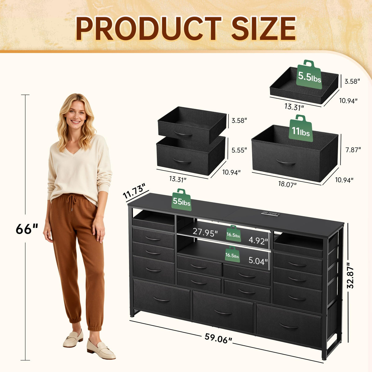 Black TV Stand with LED Lights & Charging Station, 15 Fabric Drawers X81430