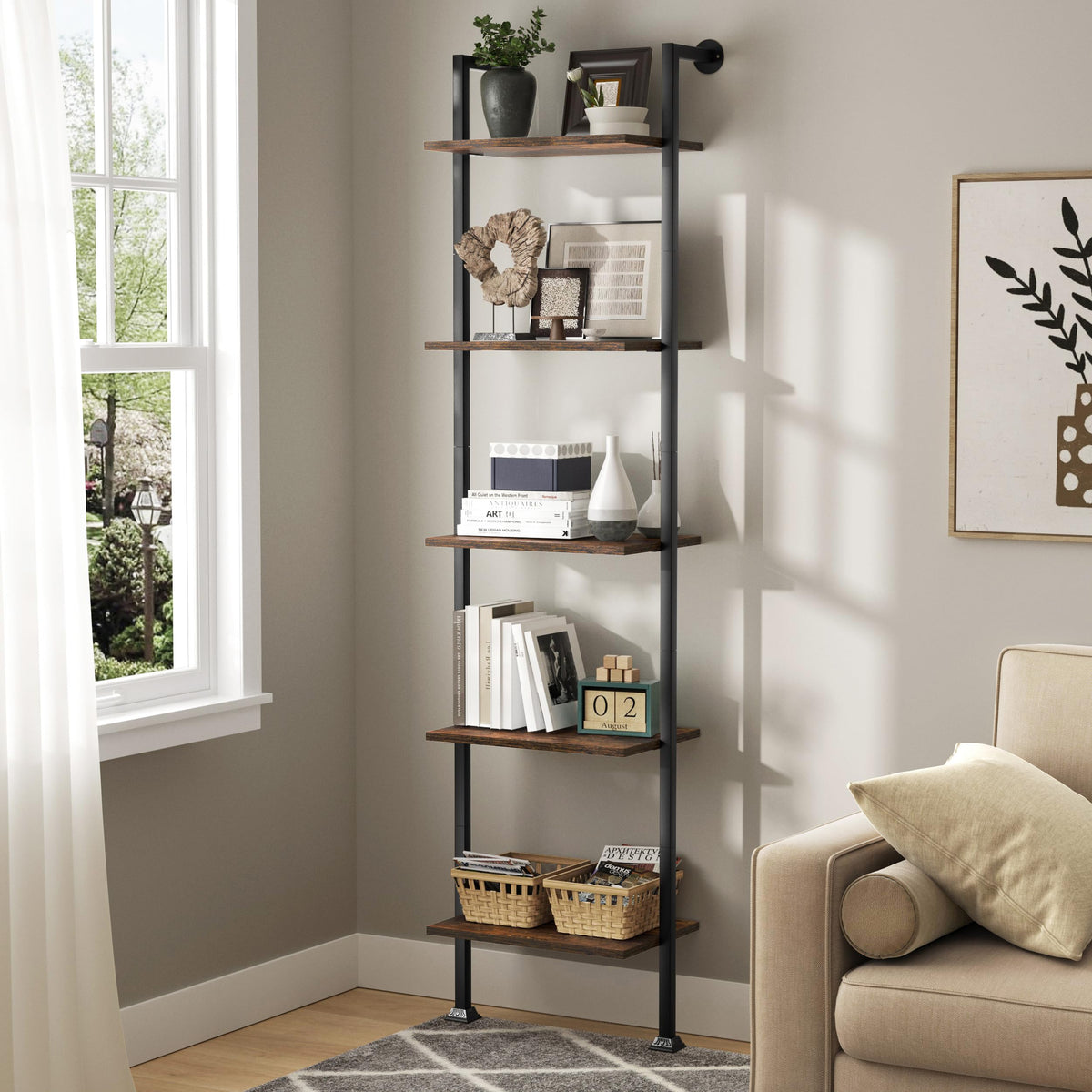 5-Tier Ladder Shelf Black Metal Frame Rustic Brown U271696