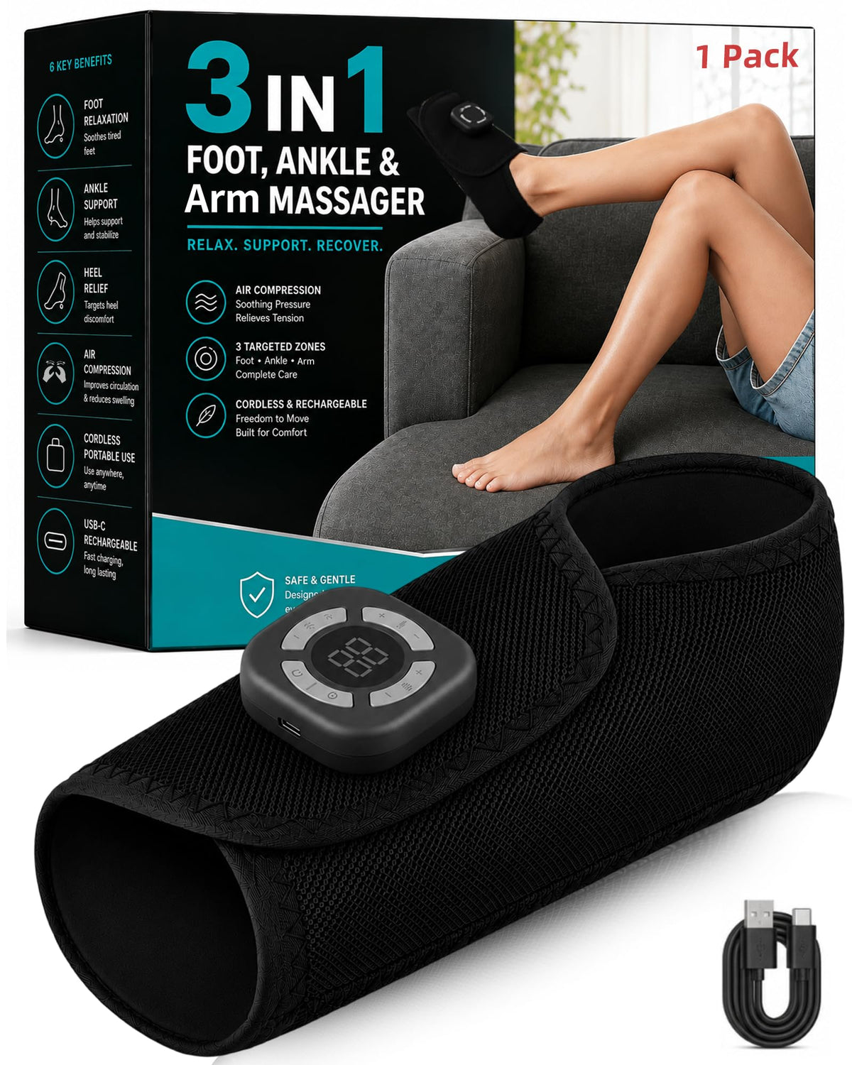 Cordless Air Compression Foot & Ankle Massager with Heat & Vibration H8132