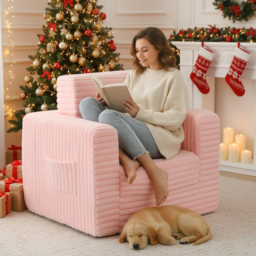 Pink Folding Sofa Bed with Ottoman S9104