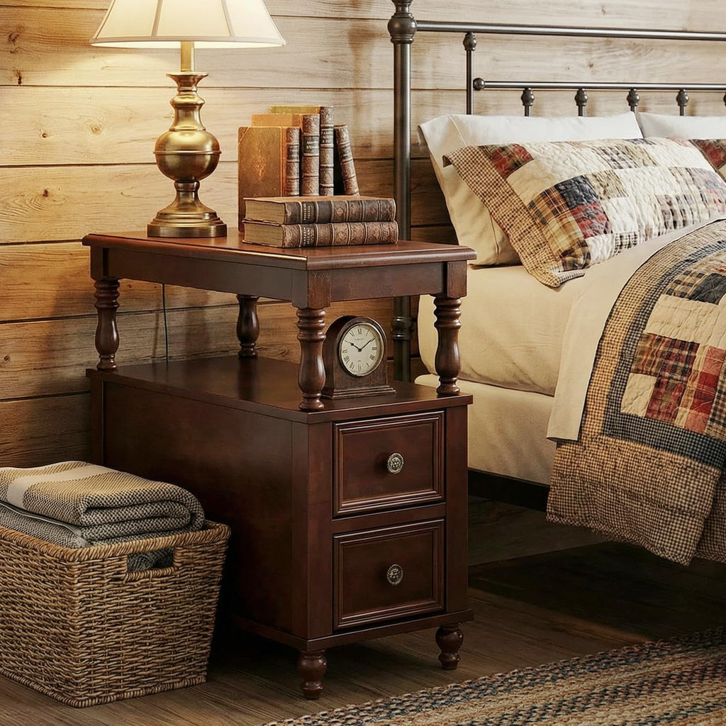 Cherry Finish Wood End Table with 2 Drawers E476