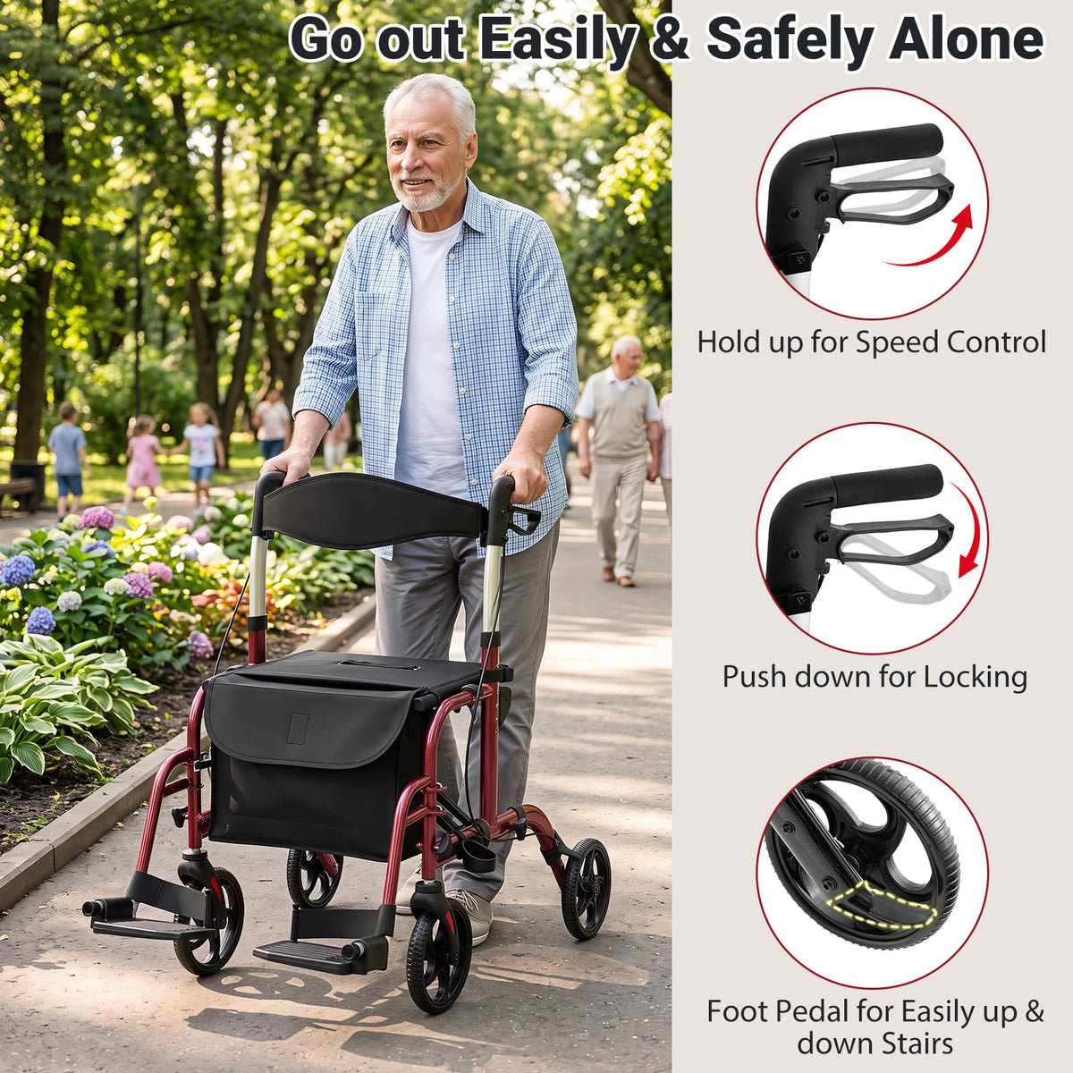 Foldable Rollator Walker 4 Wheel Transport Chair U628642