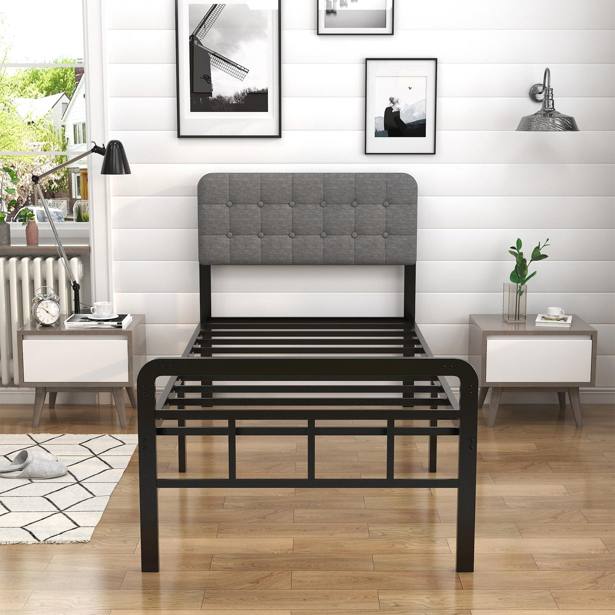 16 Inch Twin XL Upholstered Metal Bed Frame G885