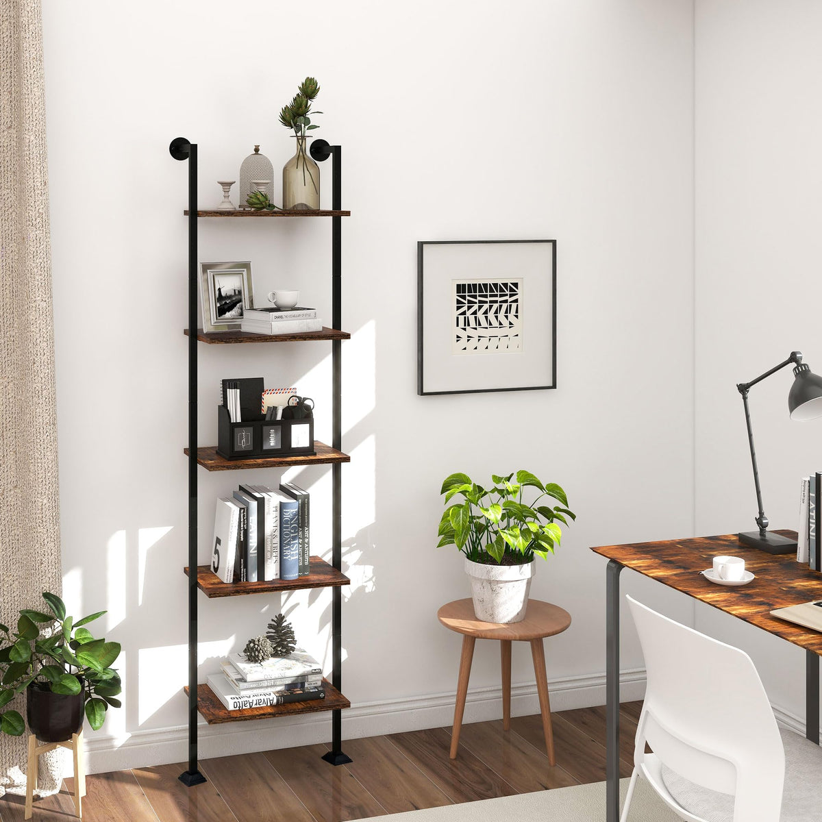 5-Tier Ladder Shelf Black Metal Frame Rustic Brown U271696