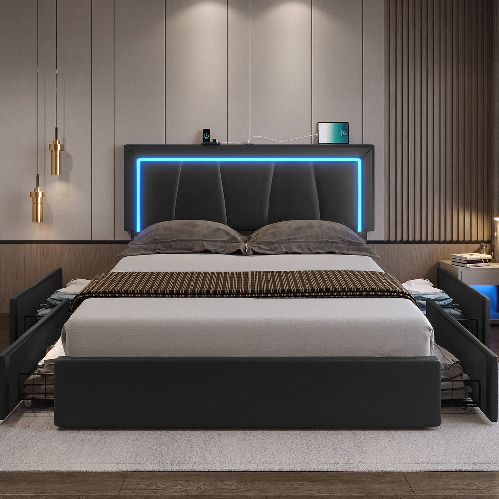 Full Size Upholstered Platform Bed Frame with Headboard and 4 Storage Drawers G462420