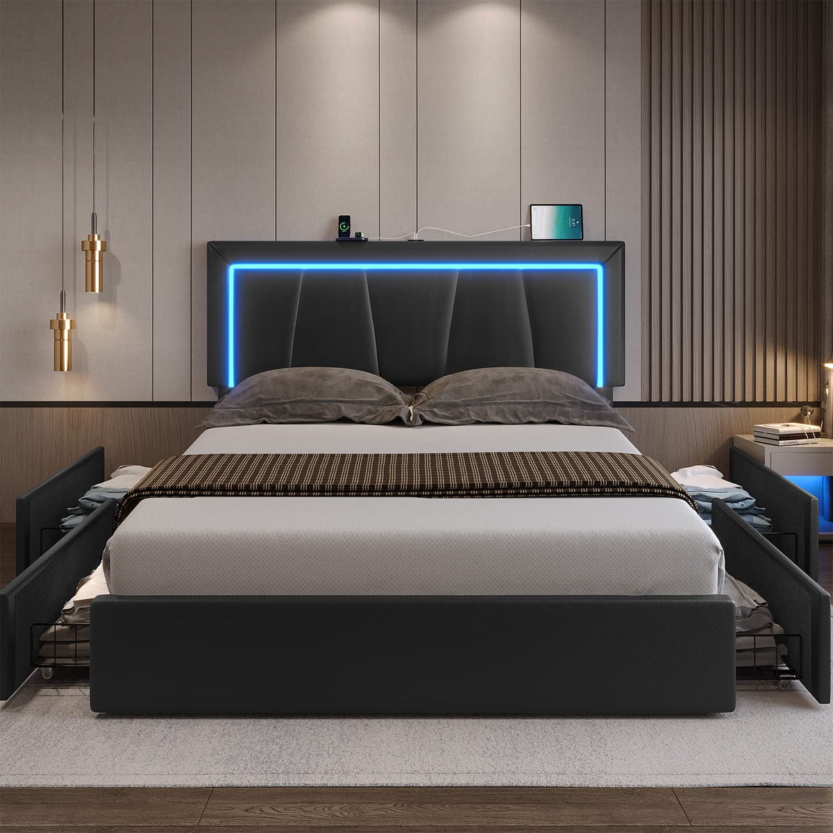 Full Size Upholstered Platform Bed Frame with Headboard and 4 Storage Drawers G462420