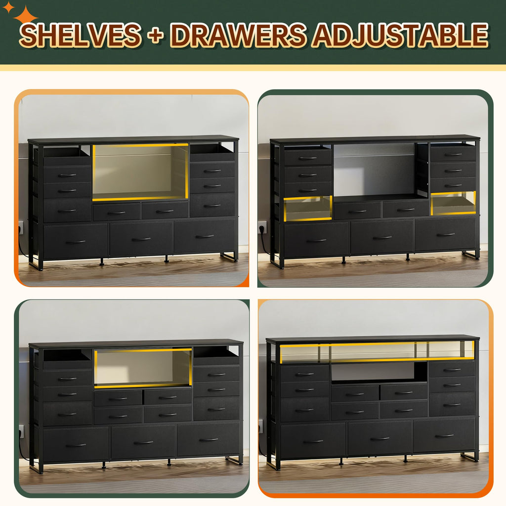 Black TV Stand with LED Lights & Charging Station, 15 Fabric Drawers X81430
