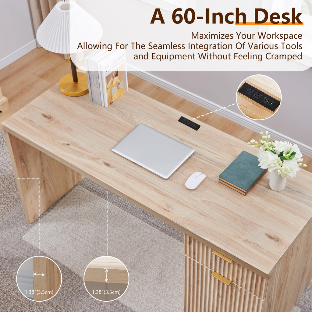 60" Fluted Desk with Cabinet and Built-in Outlet E9815