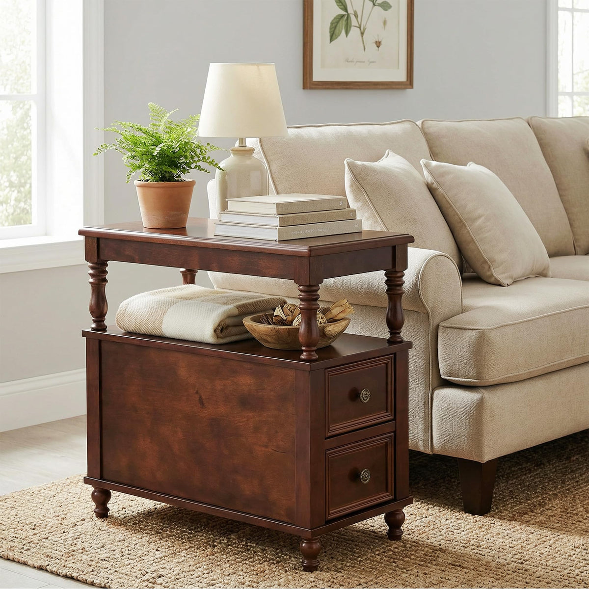 Cherry Finish Wood End Table with 2 Drawers E476