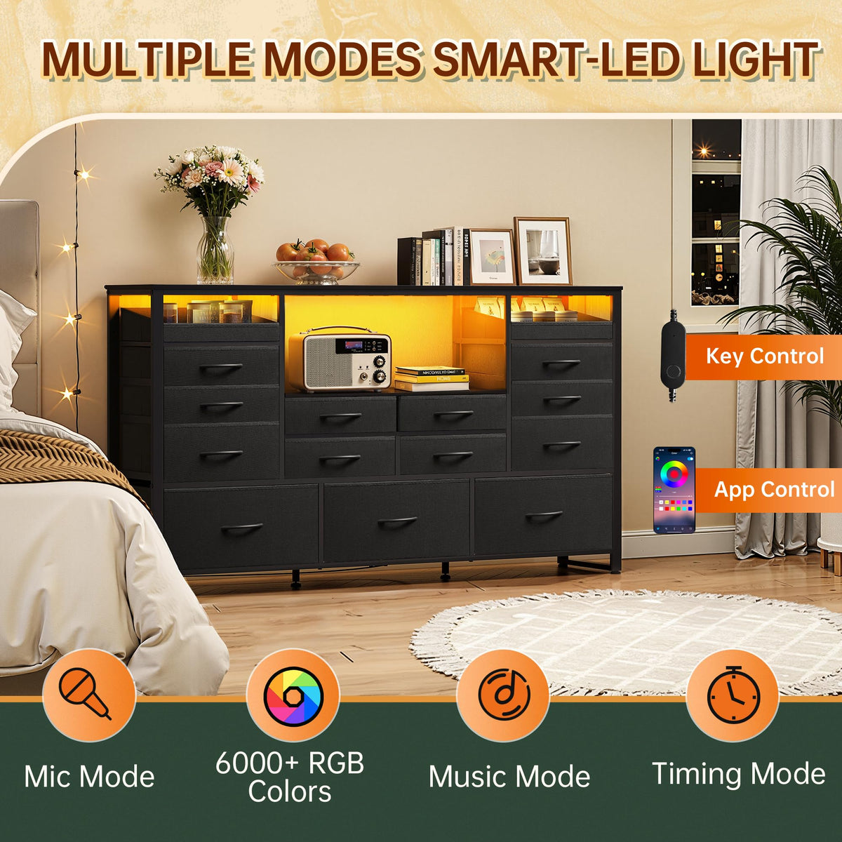 Black TV Stand with LED Lights & Charging Station, 15 Fabric Drawers X81430