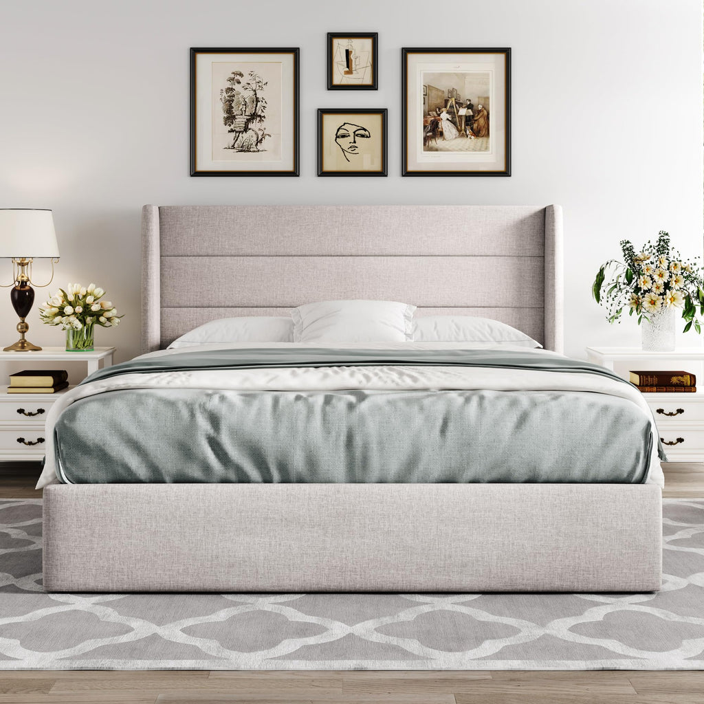 Queen Size Lift Up Storage Bed Frame Light Beige J411264