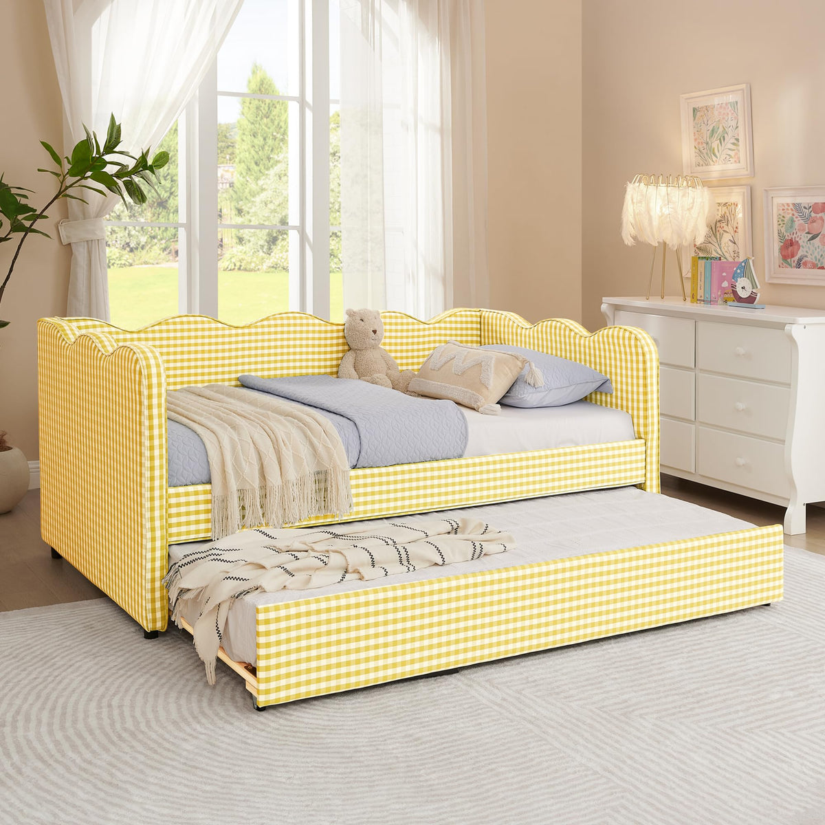 Twin Size Linen Upholstered Daybed with Trundle V908569