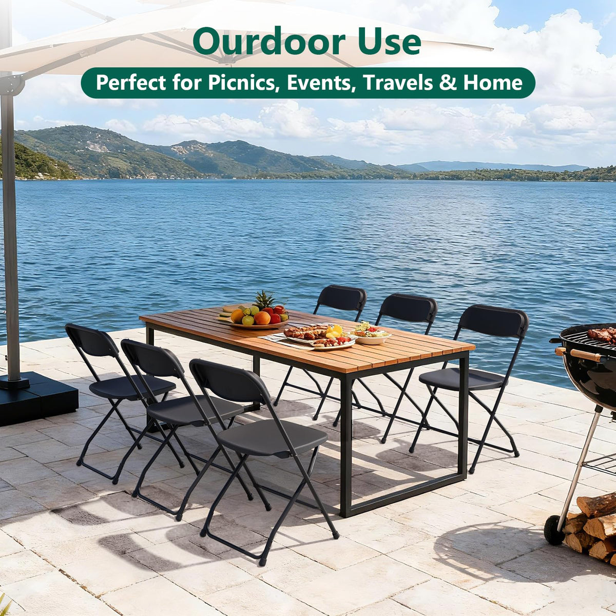 Black Plastic Folding Chairs, 10 Pack Steel Frame 350lbs Capacity M8852