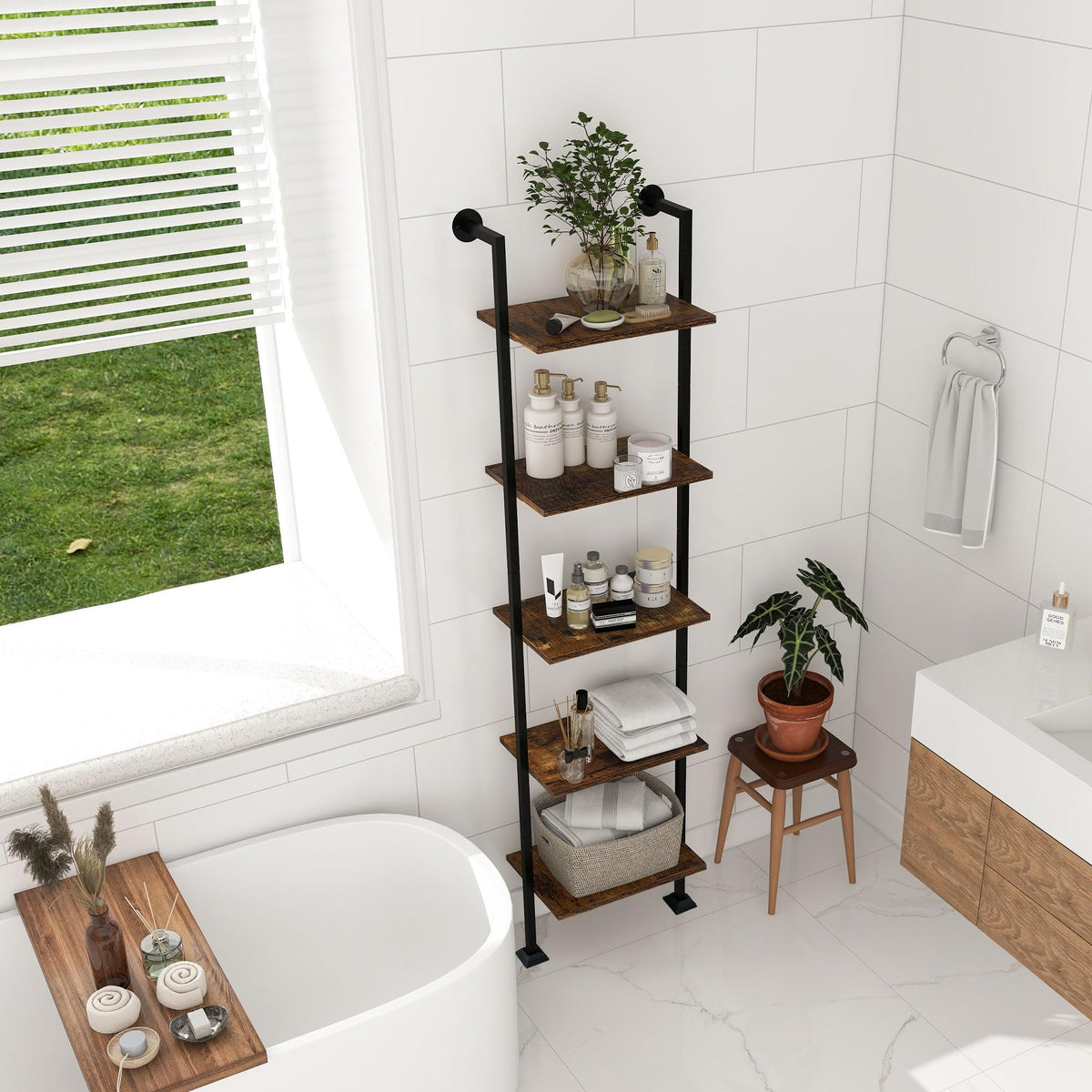 5-Tier Ladder Shelf Black Metal Frame Rustic Brown U271696