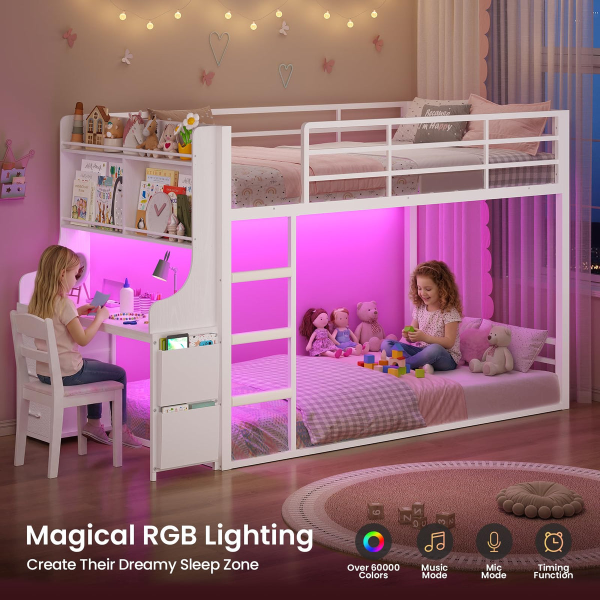 White Twin Over Twin Low Bunk Bed with Desk & 3 Storage Drawers D189011