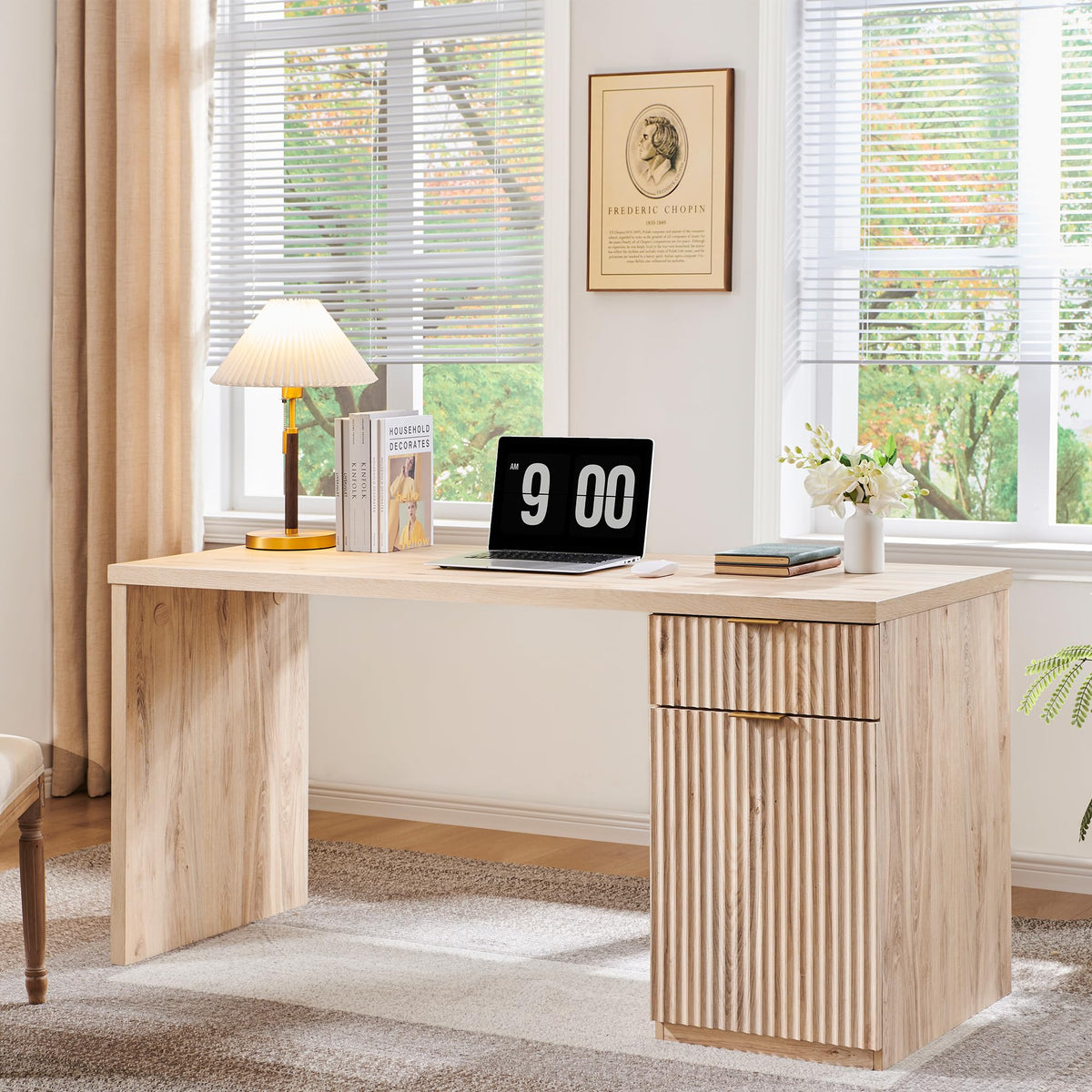 60" Fluted Desk with Cabinet and Built-in Outlet E9815