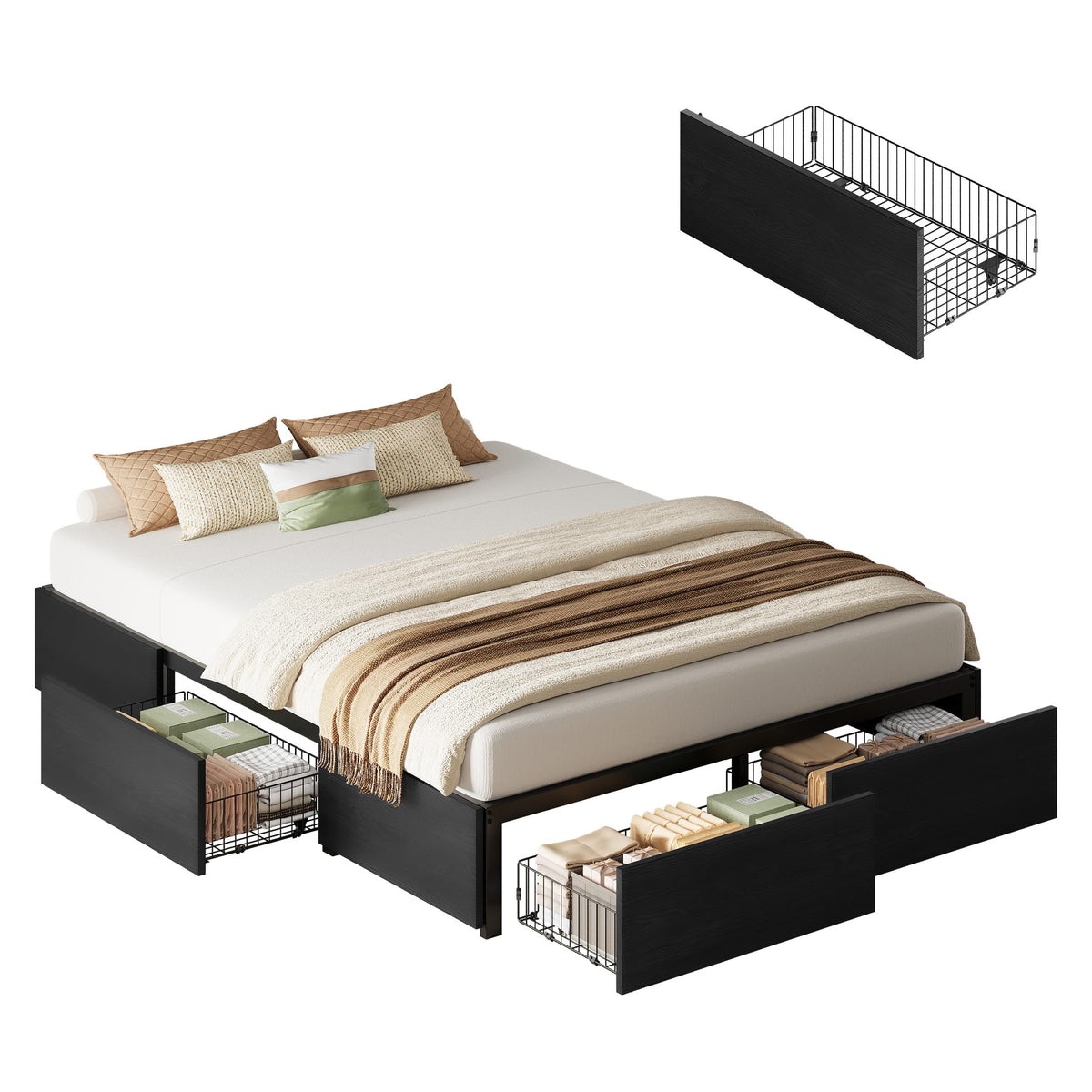 Queen Bed Frame with 4 Storage Drawers, Black R261