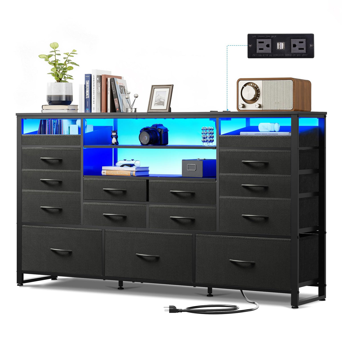 Black TV Stand with LED Lights & Charging Station, 15 Fabric Drawers X81430