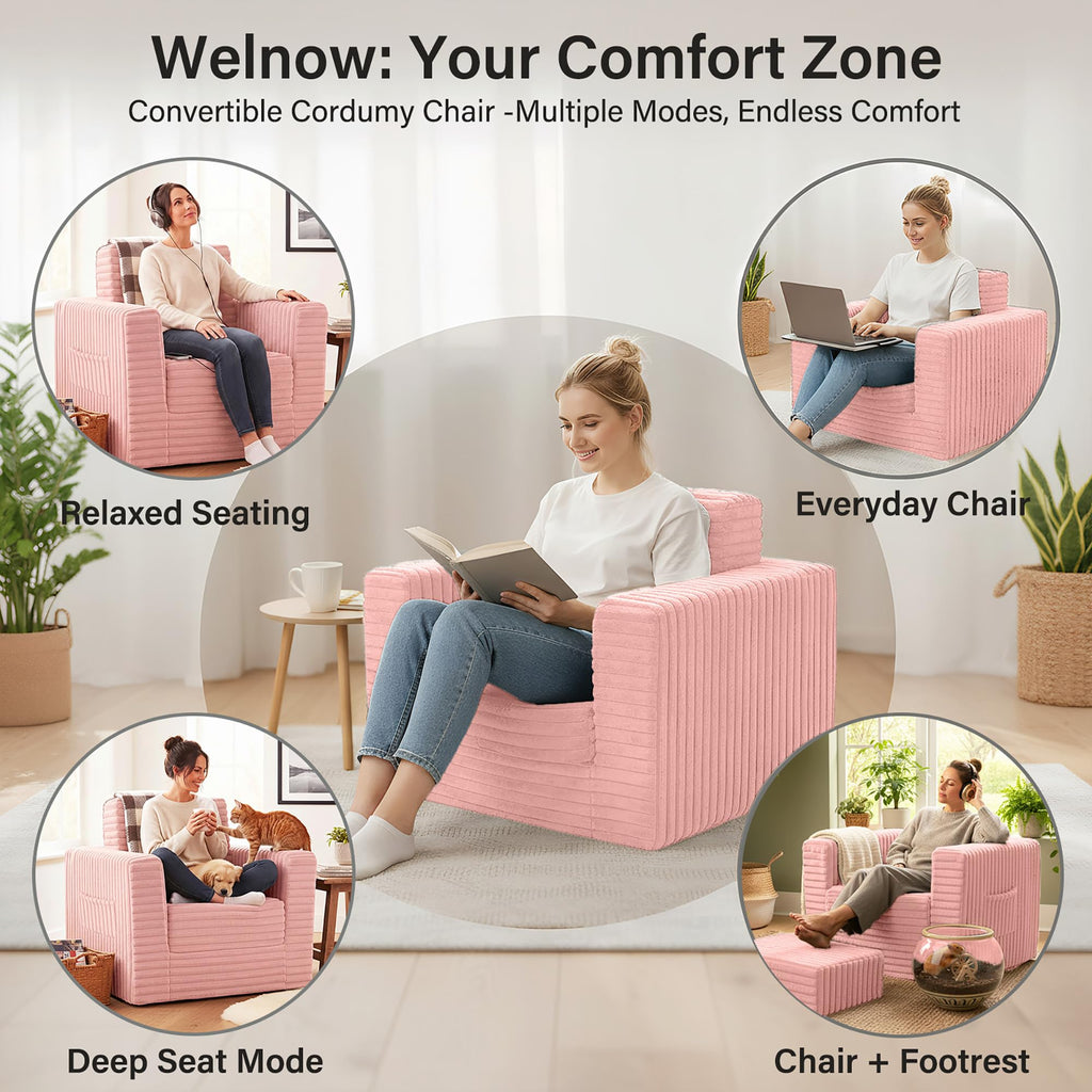 Pink Folding Sofa Bed with Ottoman S9104