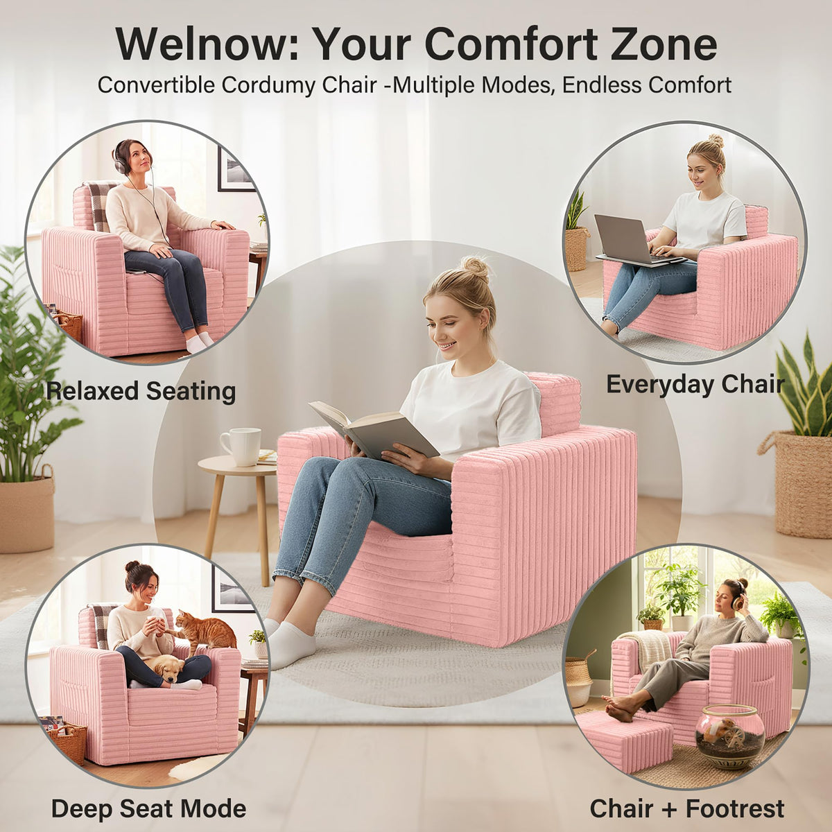 Pink Folding Sofa Bed with Ottoman S9104