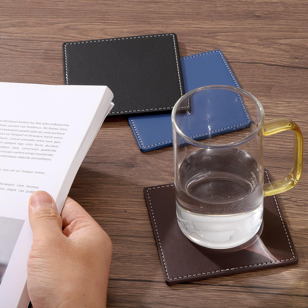 White Stitched Dual Sided Leather Coasters Set of 4 N245881