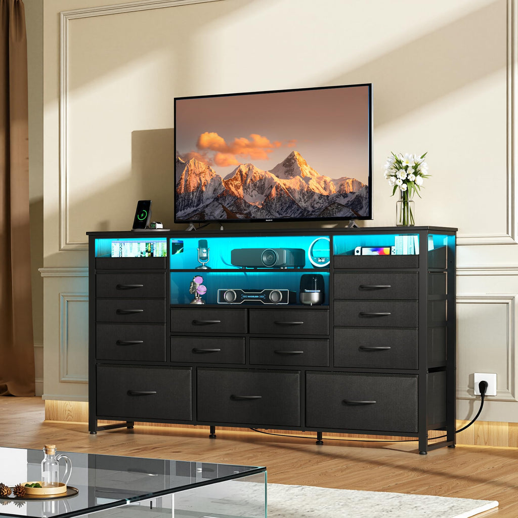 Black TV Stand with LED Lights & Charging Station, 15 Fabric Drawers X81430