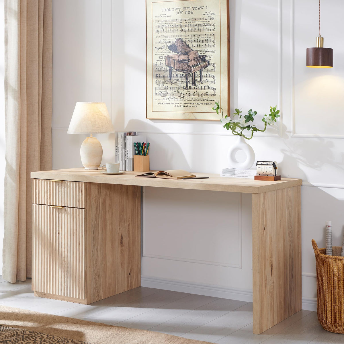 60" Fluted Desk with Cabinet and Built-in Outlet E9815