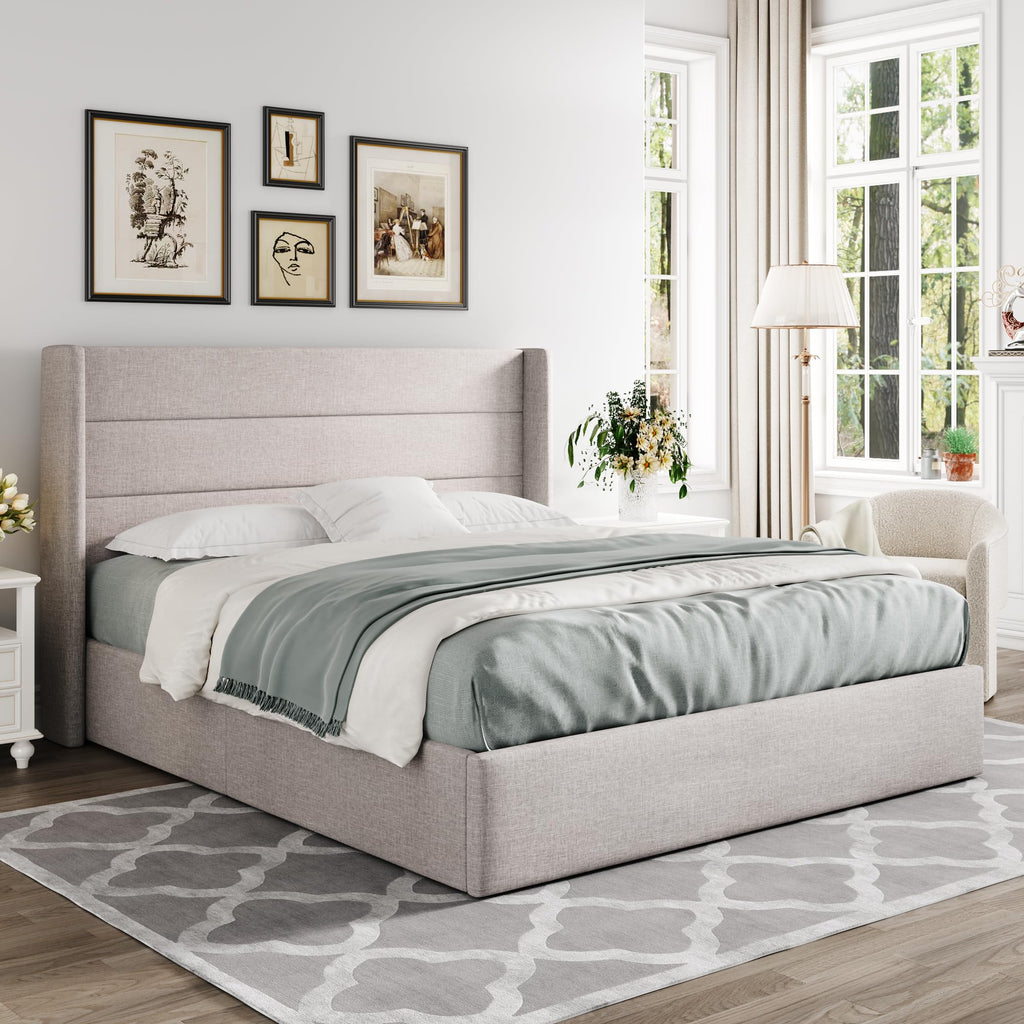 Queen Size Lift Up Storage Bed Frame Light Beige J411264