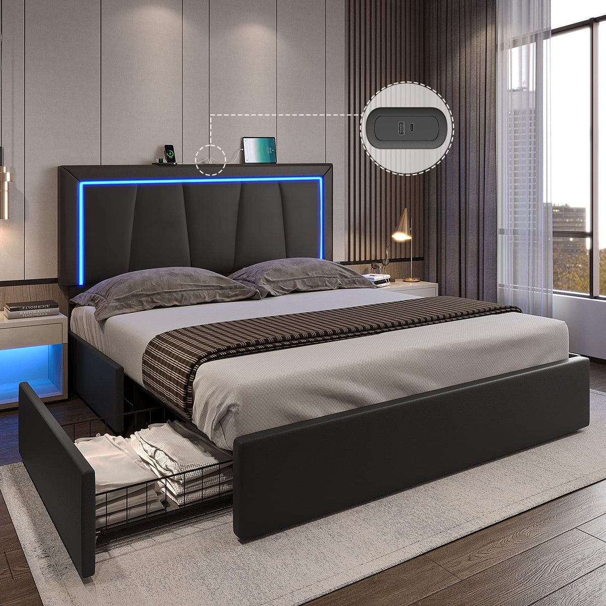 Full Size Upholstered Platform Bed Frame with Headboard and 4 Storage Drawers G462420