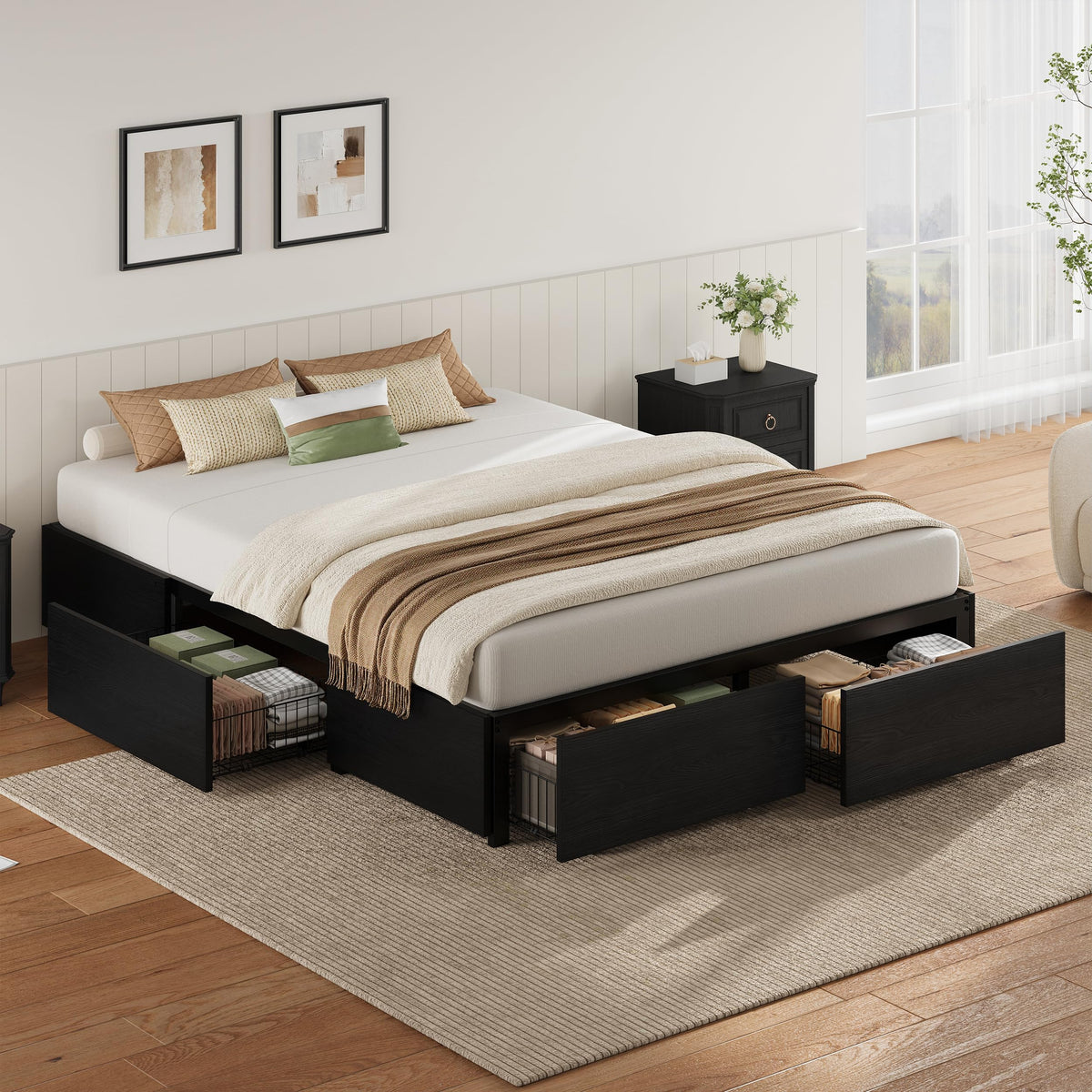Queen Bed Frame with 4 Storage Drawers, Black R261
