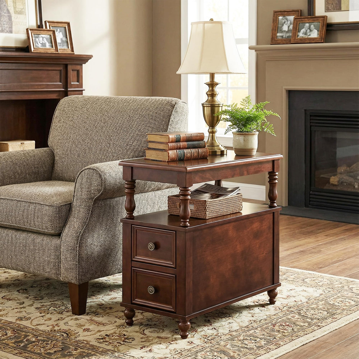 Cherry Finish Wood End Table with 2 Drawers E476