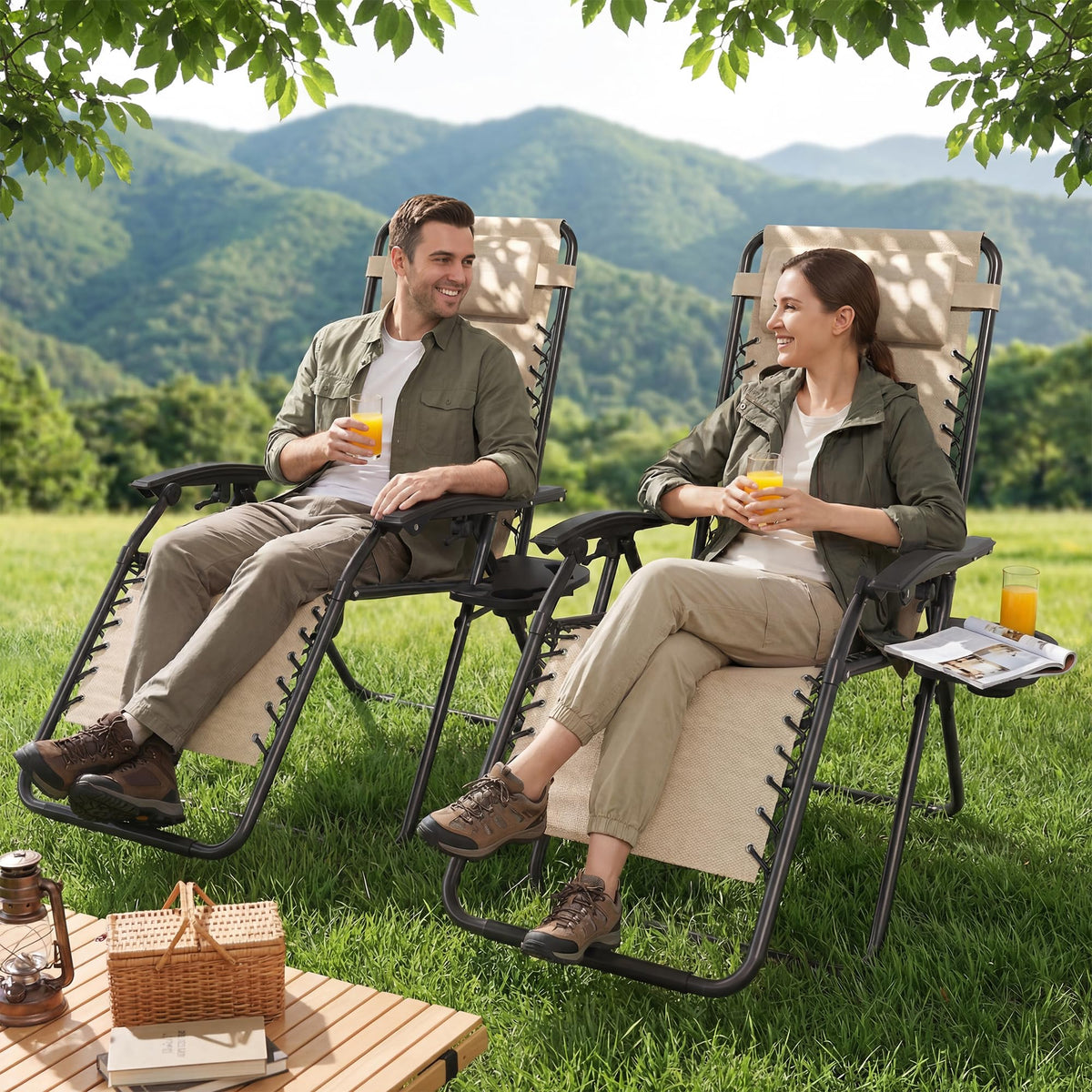Set of 2 Adjustable Zero Gravity Lounge Chairs with Cup Holder Tray G665427