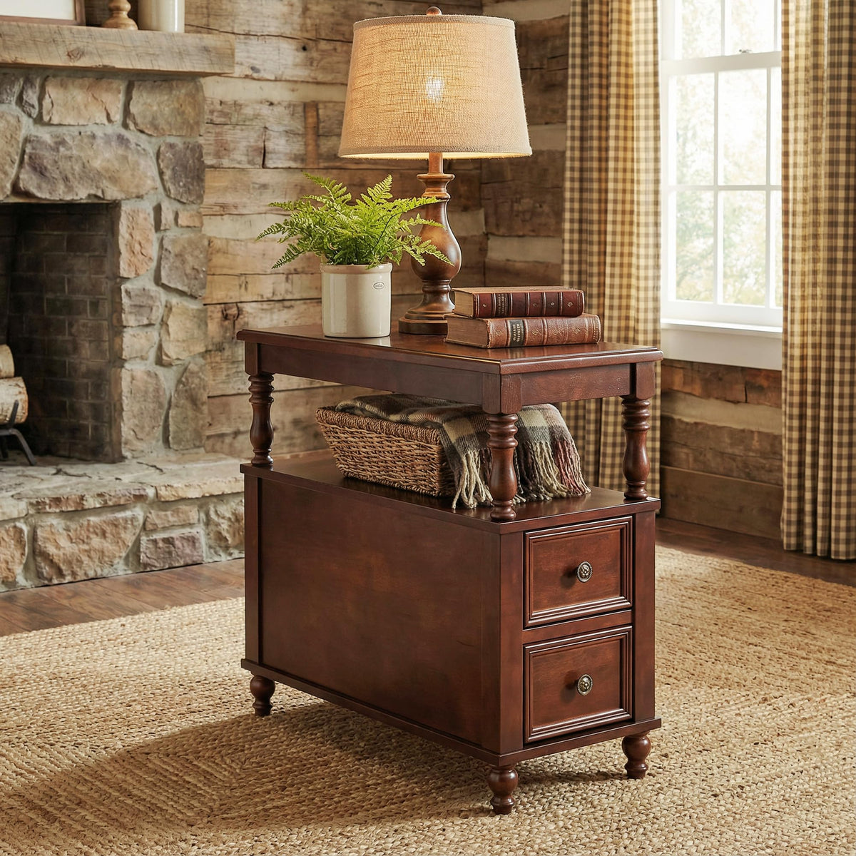 Cherry Finish Wood End Table with 2 Drawers E476