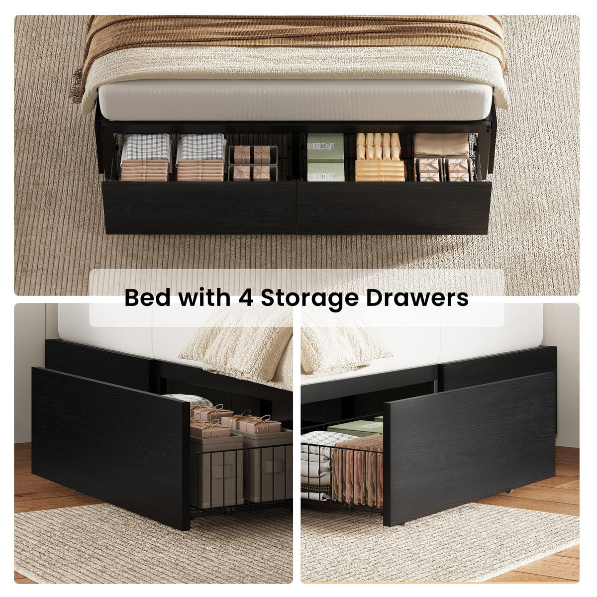 Queen Bed Frame with 4 Storage Drawers, Black R261